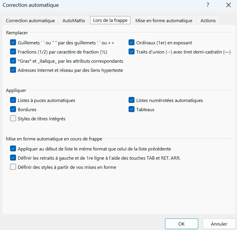 Image: Onglet Outlook « Lors de la frappe » et « Mise en forme automatique »