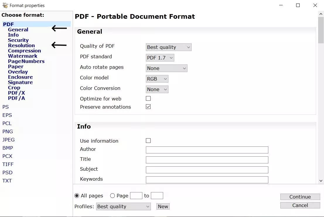 Image: Réglage des options de PDF24 pour l’exportation d’un nouveau fichier PDF