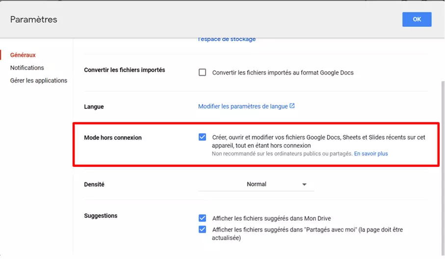 Image: Activer la fonction Google Drive : « Mode hors connexion »
