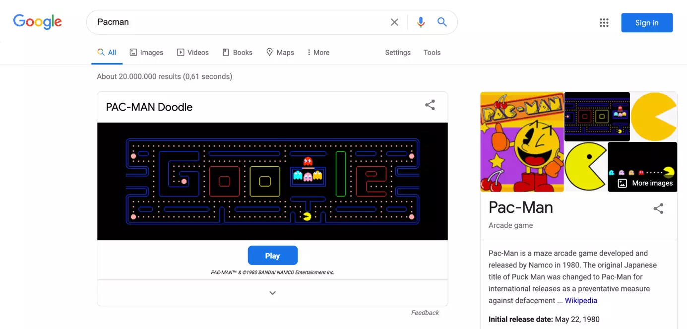 Image: Un mini-jeu Pacman sur la page de résultats de Google