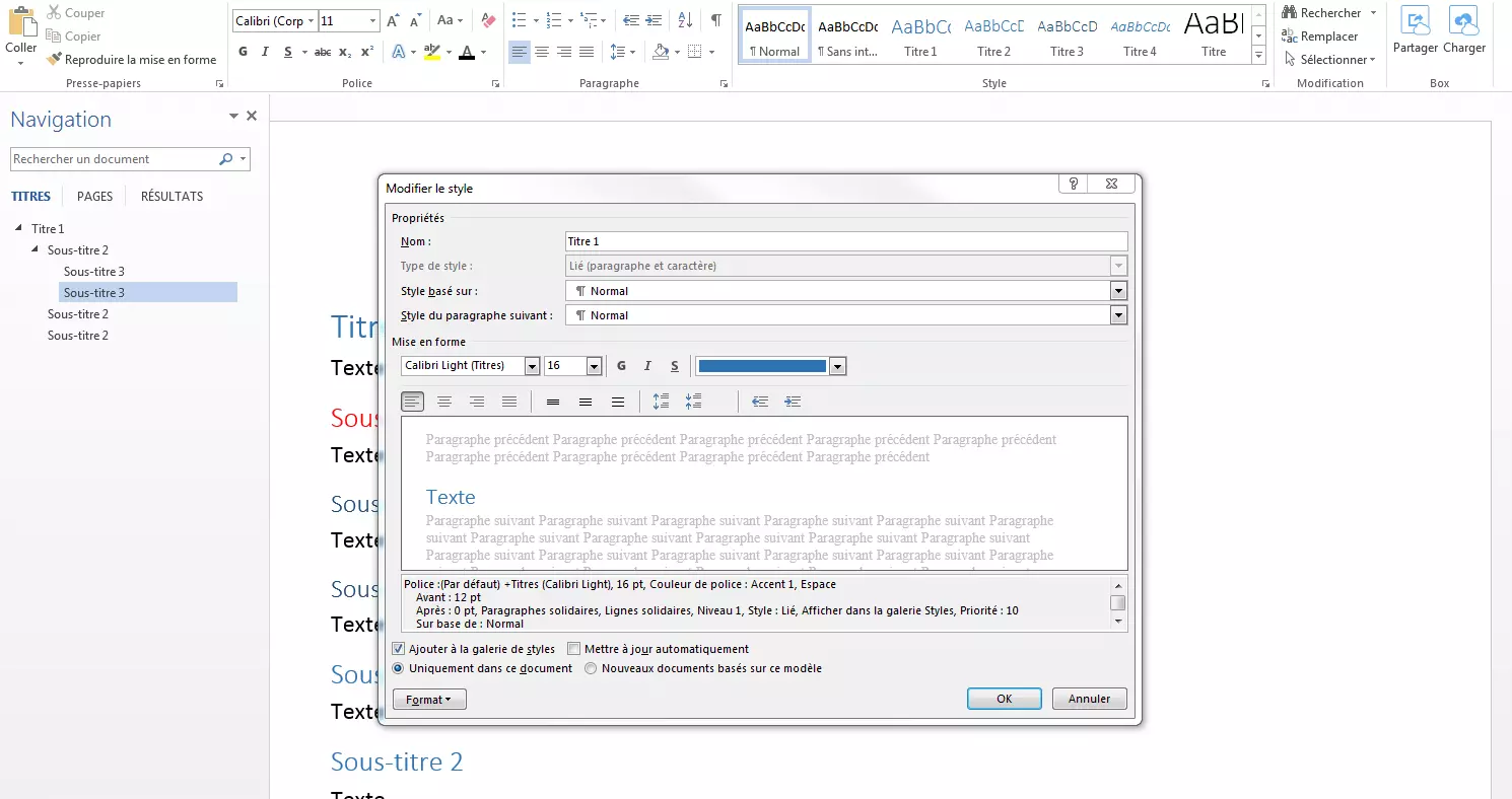 Image: Aperçu du menu « Modifier le style » dans Word.