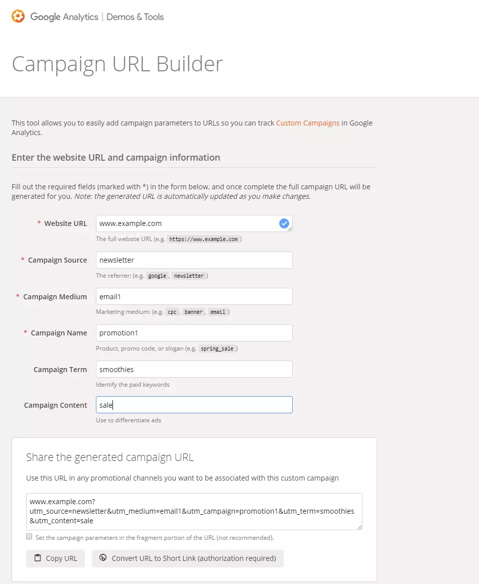 Image: Capture d’écran de l’URL Builder pour une campagne