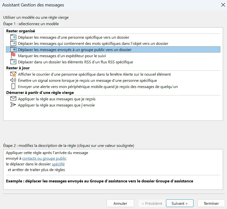Image: Assistant de règles Outlook : sélection du modèle de règles