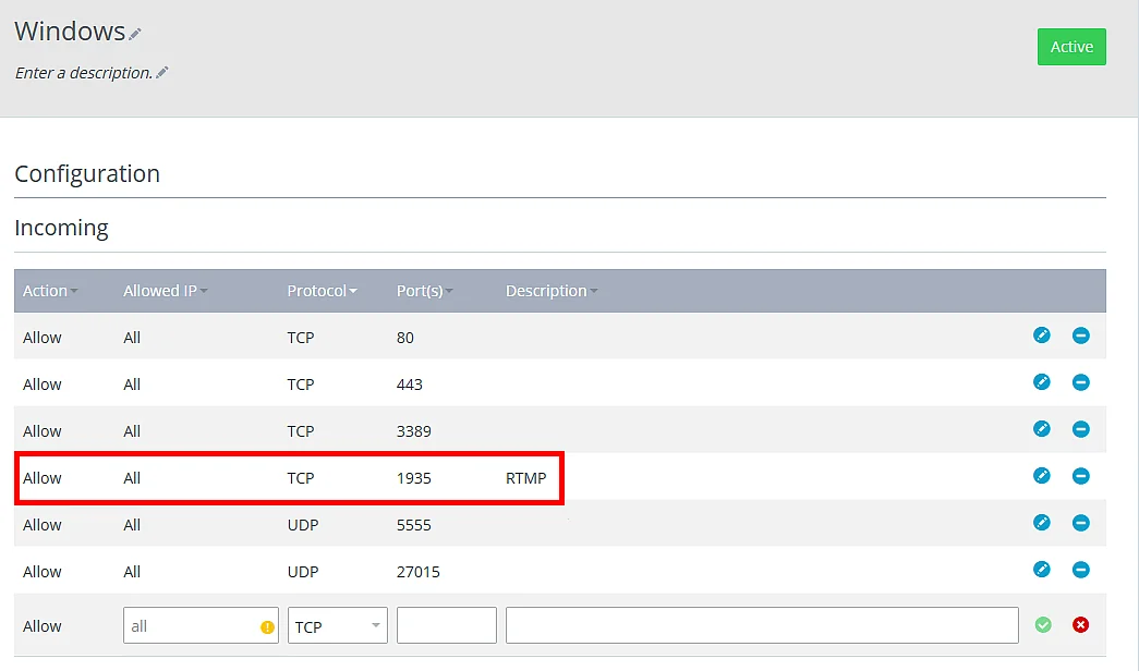 Cloud Panel : paramètre de pare-feu du serveur avec port ouvert pour RTMP Image: Cloud Panel : paramètre de pare-feu du serveur avec port ouvert pour RTMP