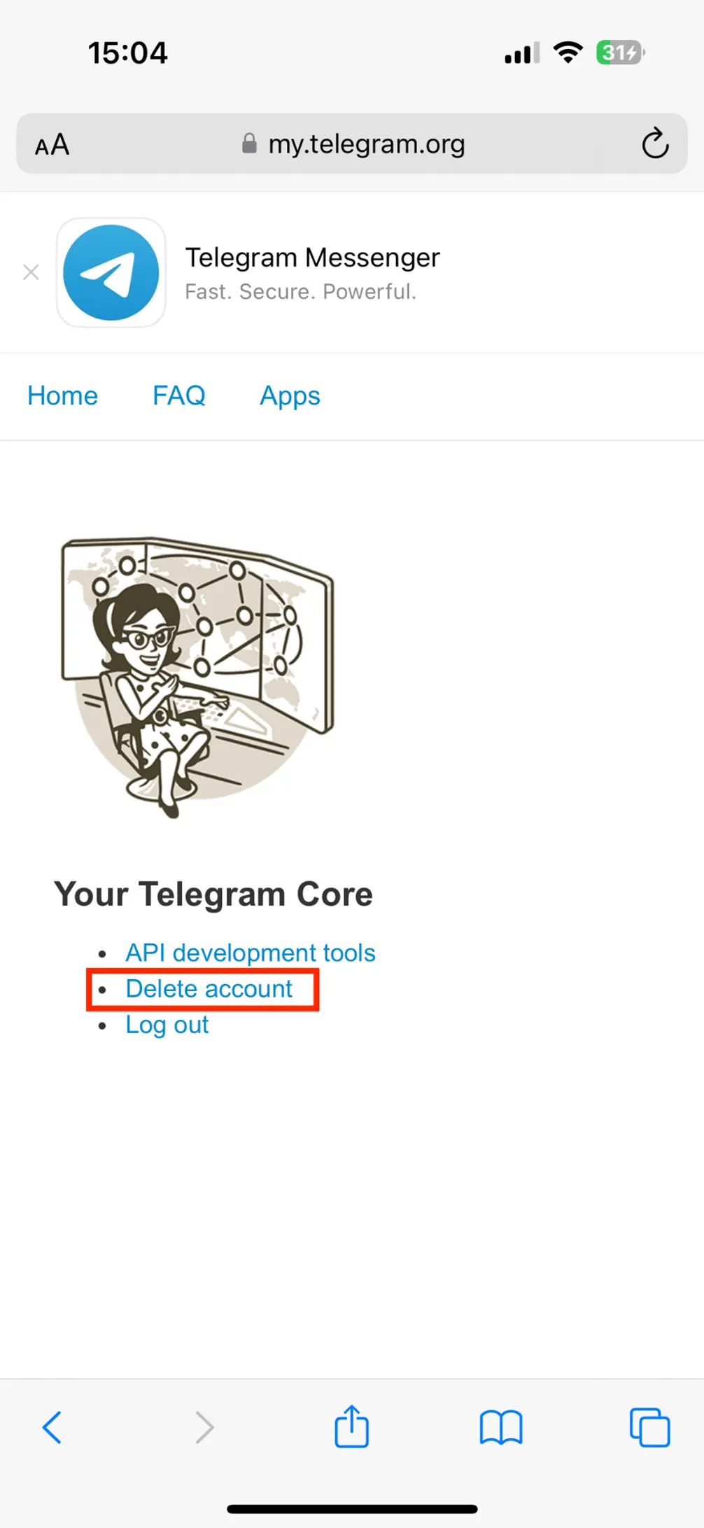 Image: Zone centrale du site Web Telegram