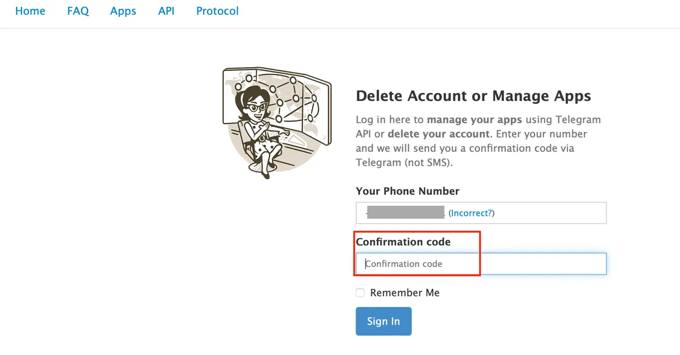 Image: Site Web Telegram : demande du code reçu par message