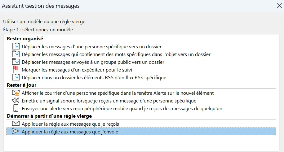 Image: Assistant de règles Outlook :sélection de règles