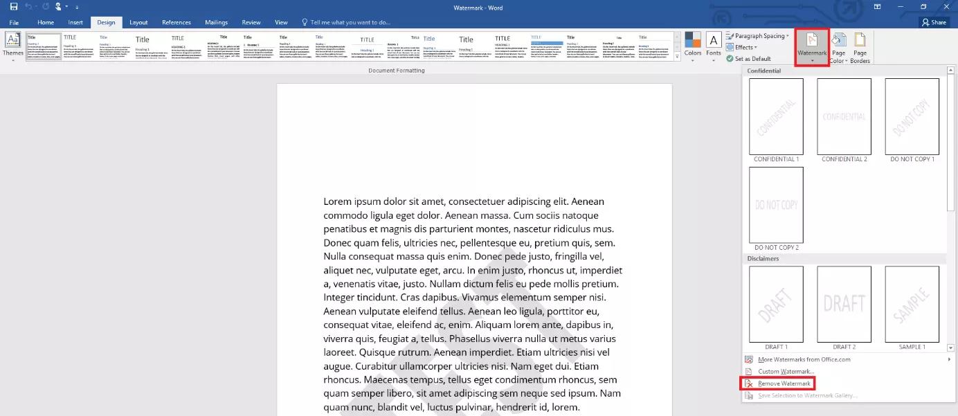 Image: Fenêtre de sélection permettant la suppression d’un filigrane dans Word