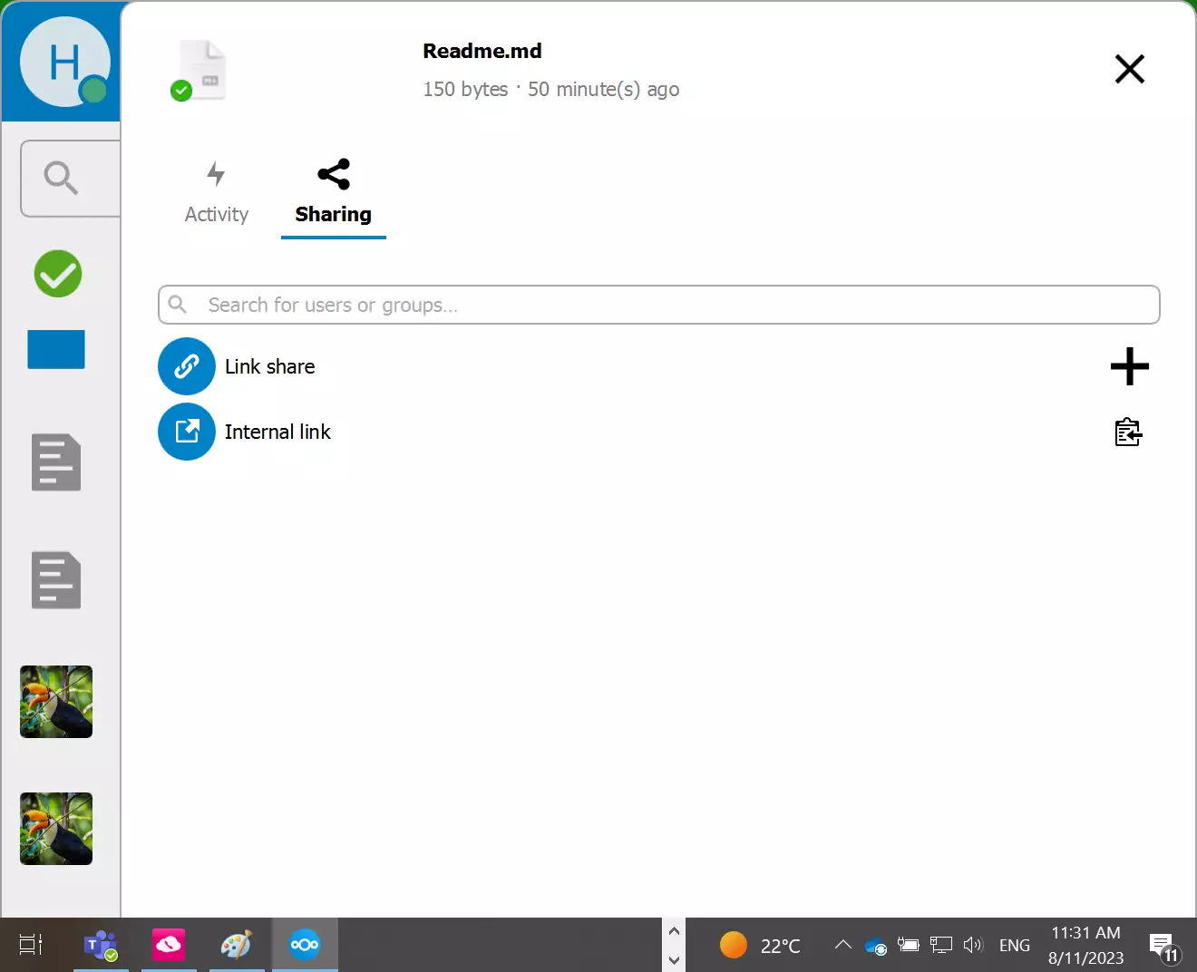 Application du client Nextcloud Desktop avec la boîte de dialogue spécifique au partage Application du client Nextcloud Desktop avec la boîte de dialogue spécifique au partage
