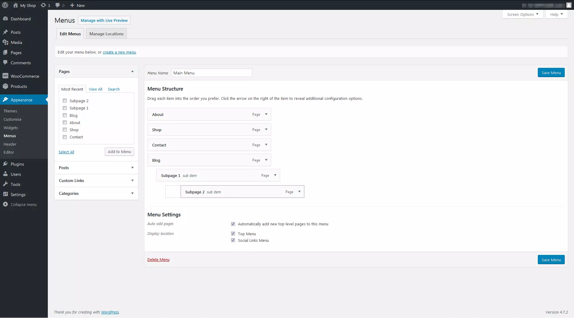 Plugin WooCommerce : paramètres de structure des menus