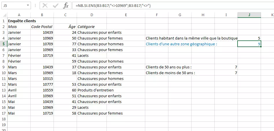 Tableau Excel avec la fonction NB.SI.ENS.