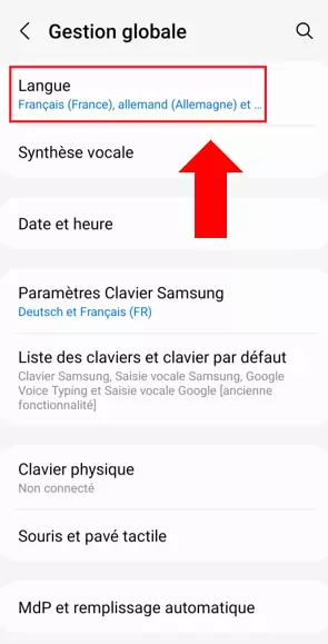 Image: Menu « Langue » proposant les différentes langues disponibles pour l’appareil