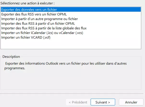 Outlook : sélection de « Exporter vers un fichier » dans l’assistant d’import/export Outlook : sélection de « Exporter vers un fichier » dans l’assistant d’import/export