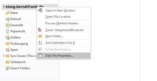 Outlook 2016 : Menu rapide du compte de messagerie