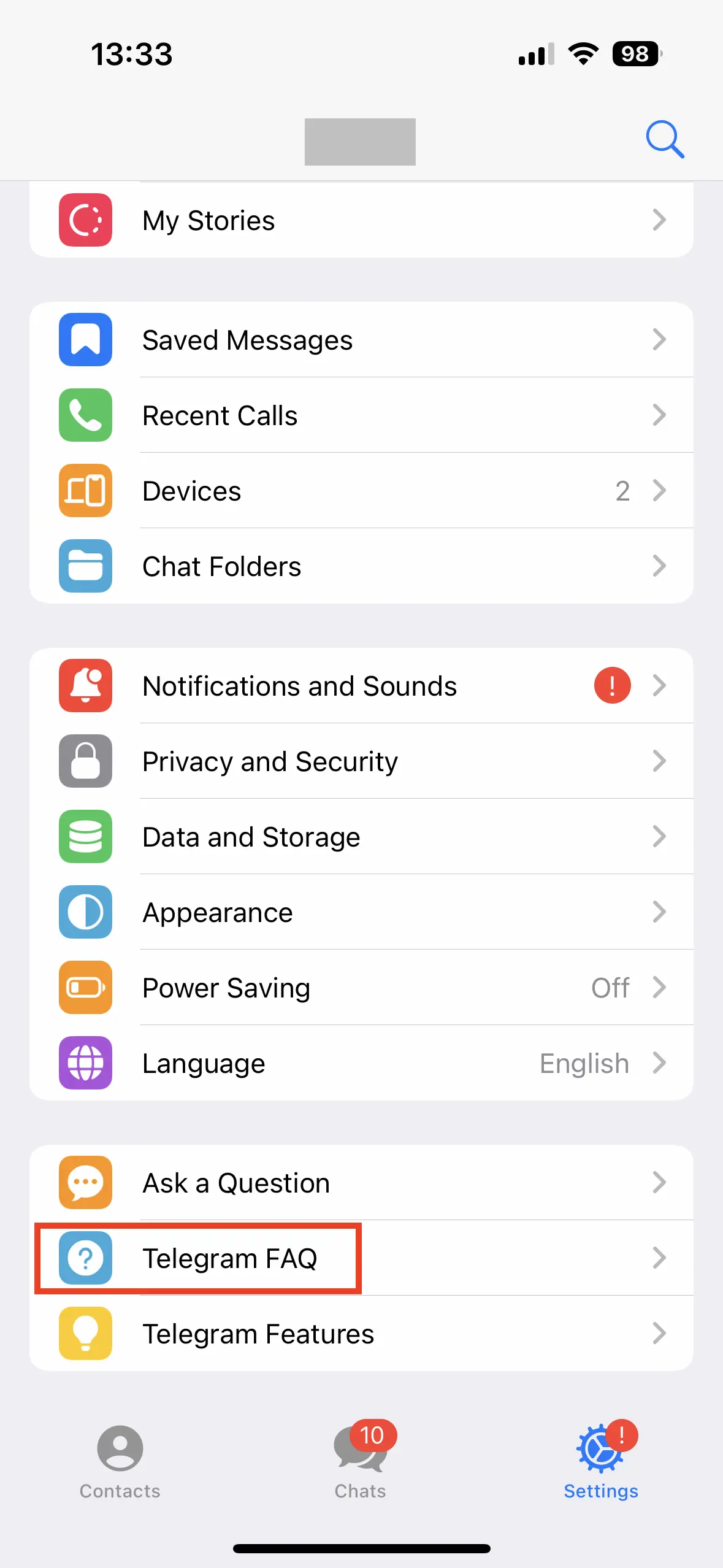 Image: Paramètres de l’application Telegram