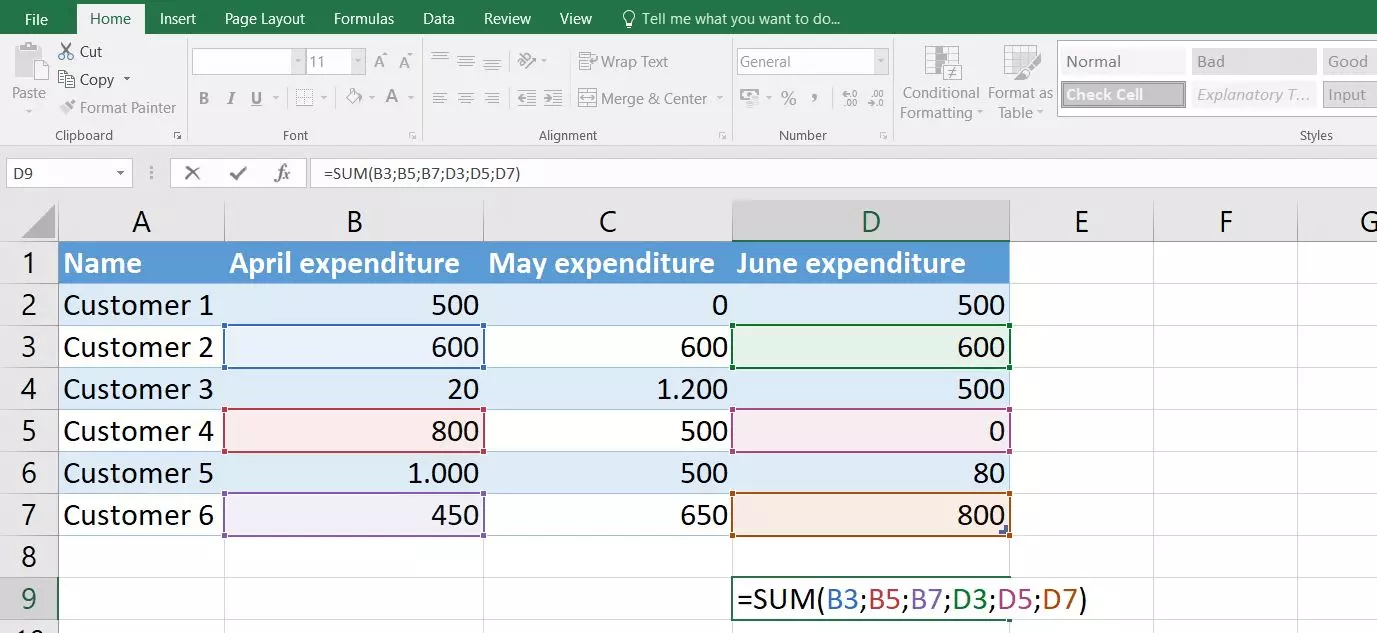 Image: Excel 2016 : formule SOMME à six arguments