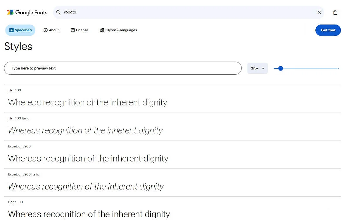Différentes versions du Webfont Roboto sur Google Fonts Image: Différentes versions du Webfont Roboto sur Google Fonts