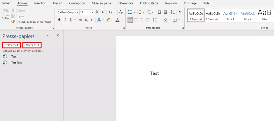 Image: Options du presse-papiers « Coller tout » et « Effacer tout » dans Word