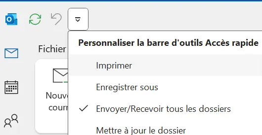 Configuration de base d’Outlook : icône et boîte de dialogue « Personnaliser la barre d’outils Accès rapide » Image: Configuration de base d’Outlook : icône et boîte de dialogue « Personnaliser la barre d’outils Accès rapide »