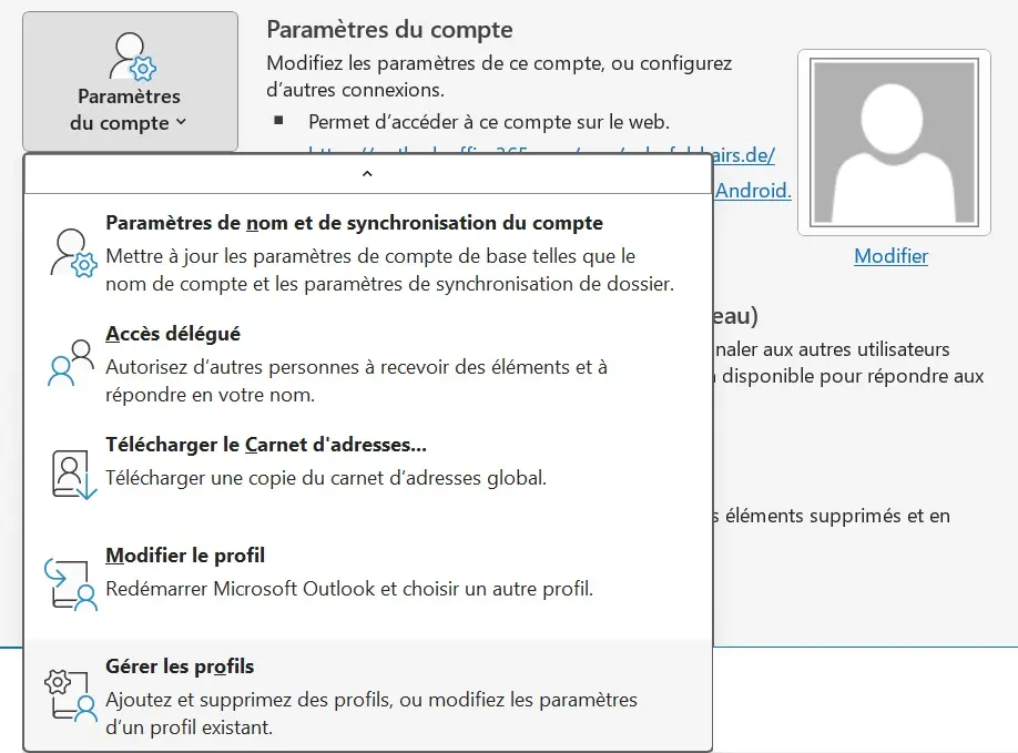 Image: Paramètres du compte Outlook