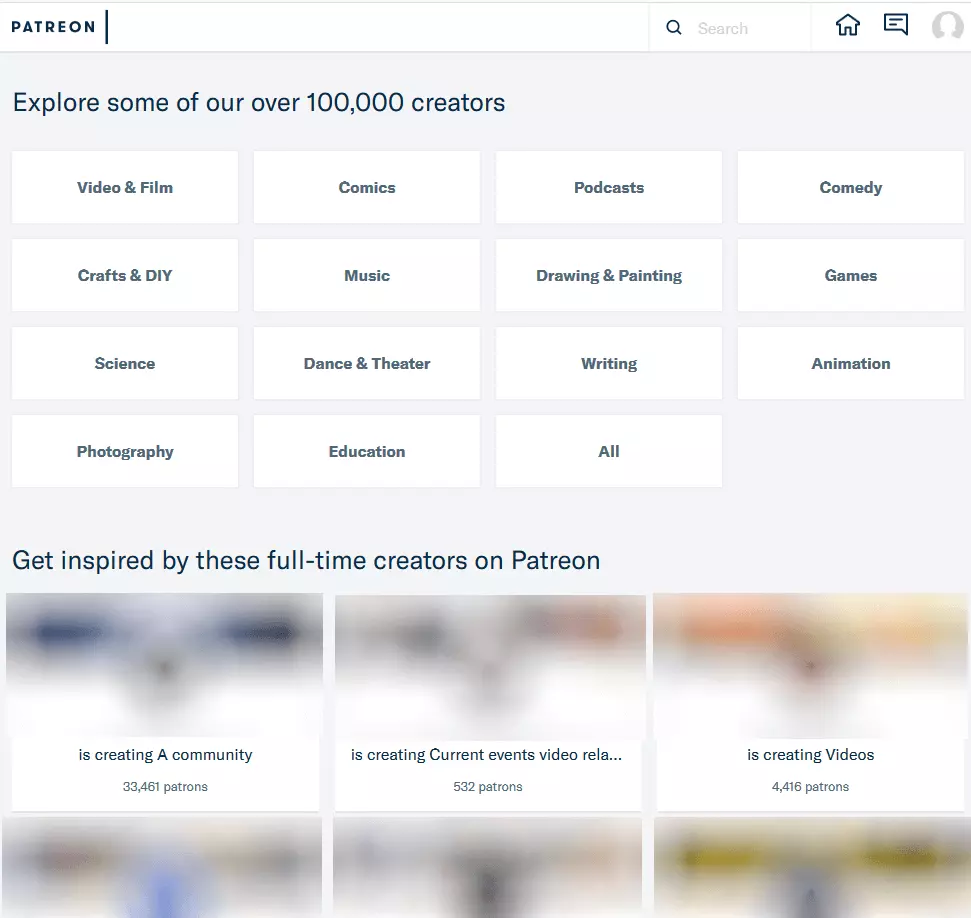 Image: La page Explore-Creators avec plusieurs domaines thématiques, comme la bande dessinée, la danse, les sciences et autres suggestions de la part de la rédaction