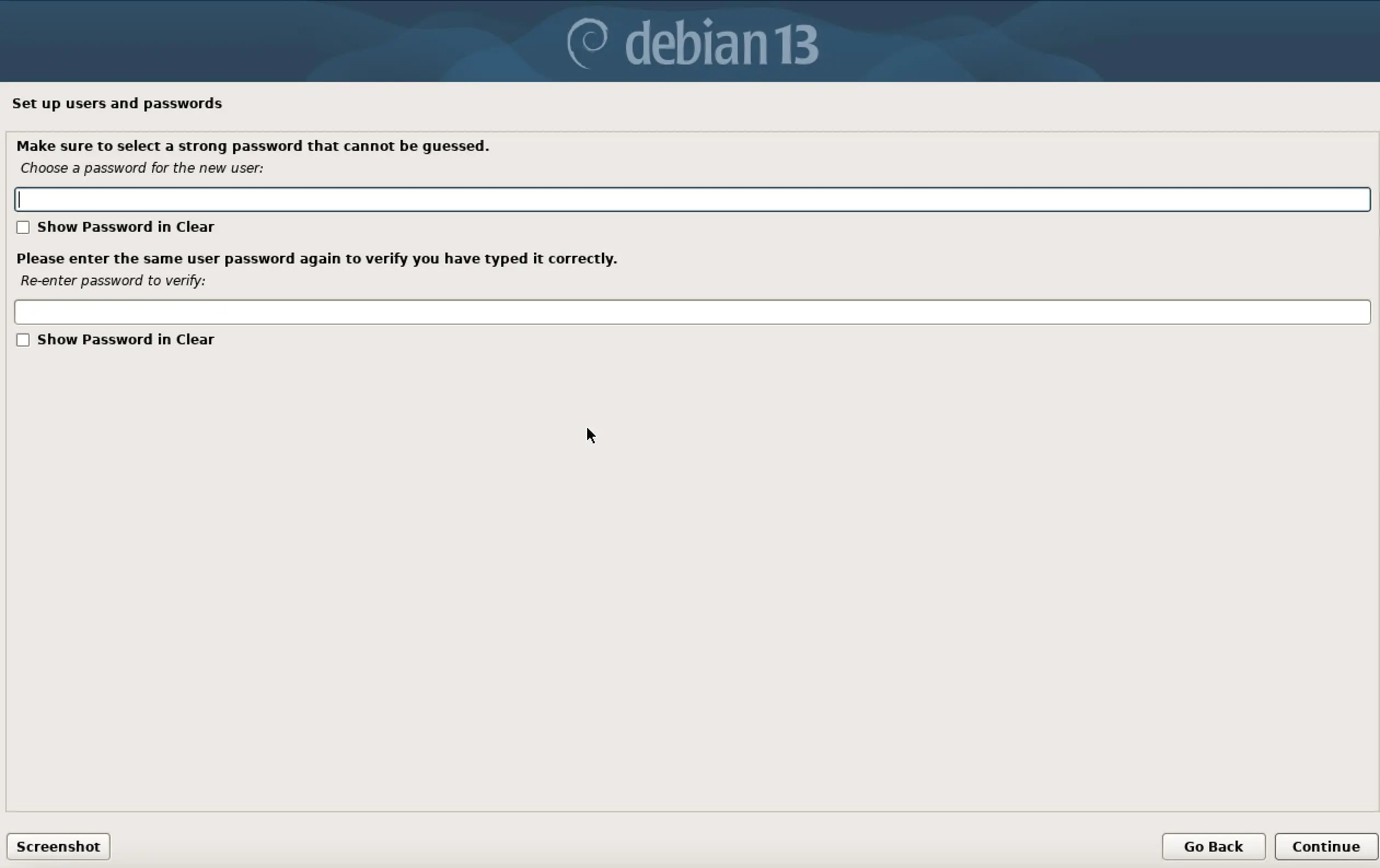 Image: Capture d&rsquo;&eacute;cran de l&rsquo;installation de Debian 13 : attribuer un mot de passe &agrave; l&rsquo;utilisateur