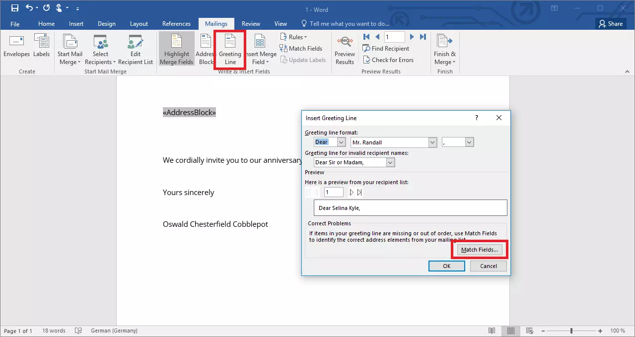 Image: Menu de sélection « Ligne de salutation » pour la configuration d’un publipostage dans Word