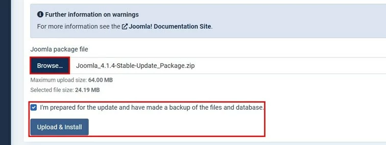 Image: Mise à jour Joomla : téléchargement du dossier de téléchargement Joomla dans le backend