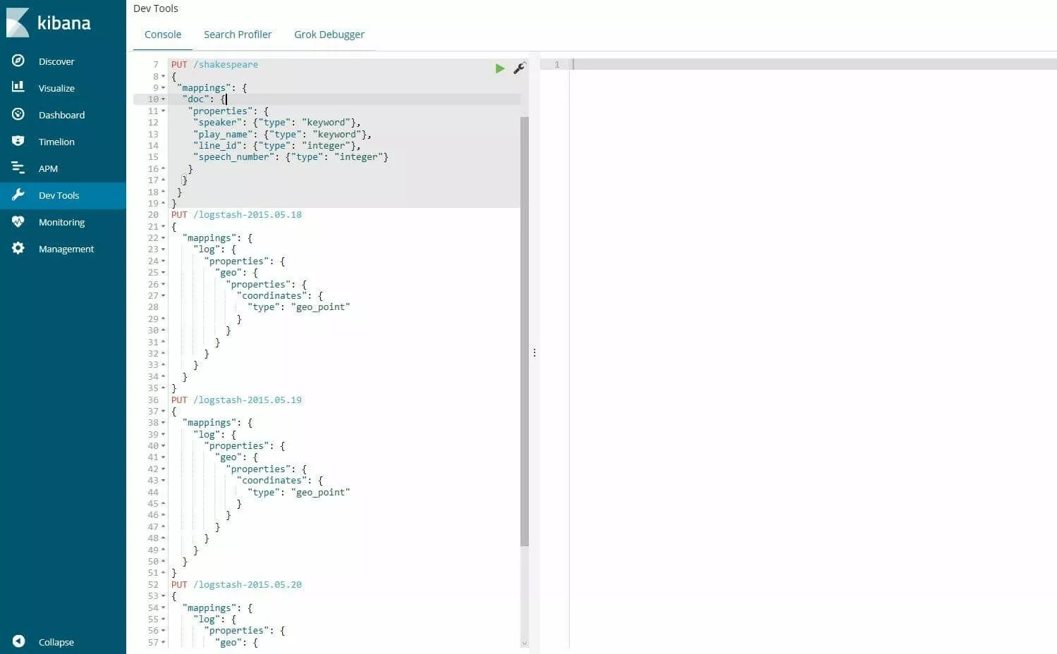Image: Console Kibana : saisie des Mappings de base de données