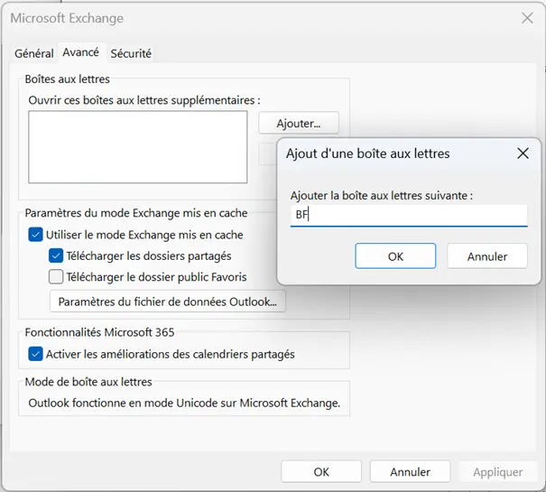 Image: Paramètres Microsoft Exchange dans Outlook