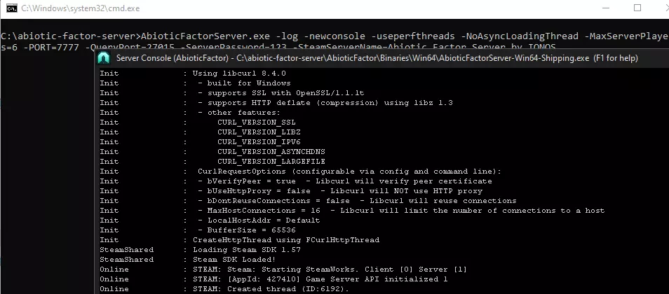 Image: Serveur Abiotic Factor démarré dans la console du serveur