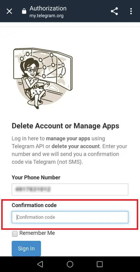 Image: Site Web Telegram : saisie du code reçu par message