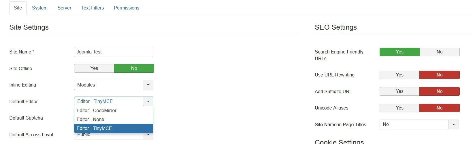 Image: L’onglet « Site » du menu de configuration de Joomla