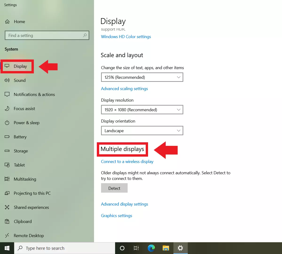 Image: Aperçu des paramètres de Windows 10 : menu Affichage et Plusieurs affichages