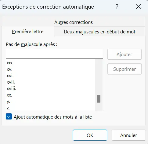 Image: Outlook pour Windows : exceptions à la correction automatique