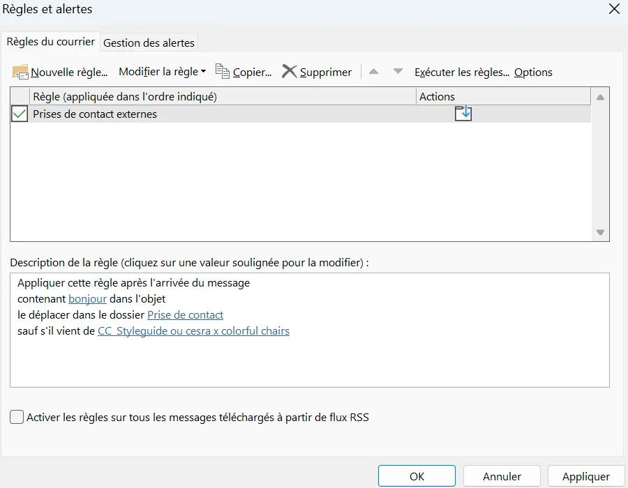 Image: Assistant de règles Outlook : boîte de dialogue « Règles et alertes »
