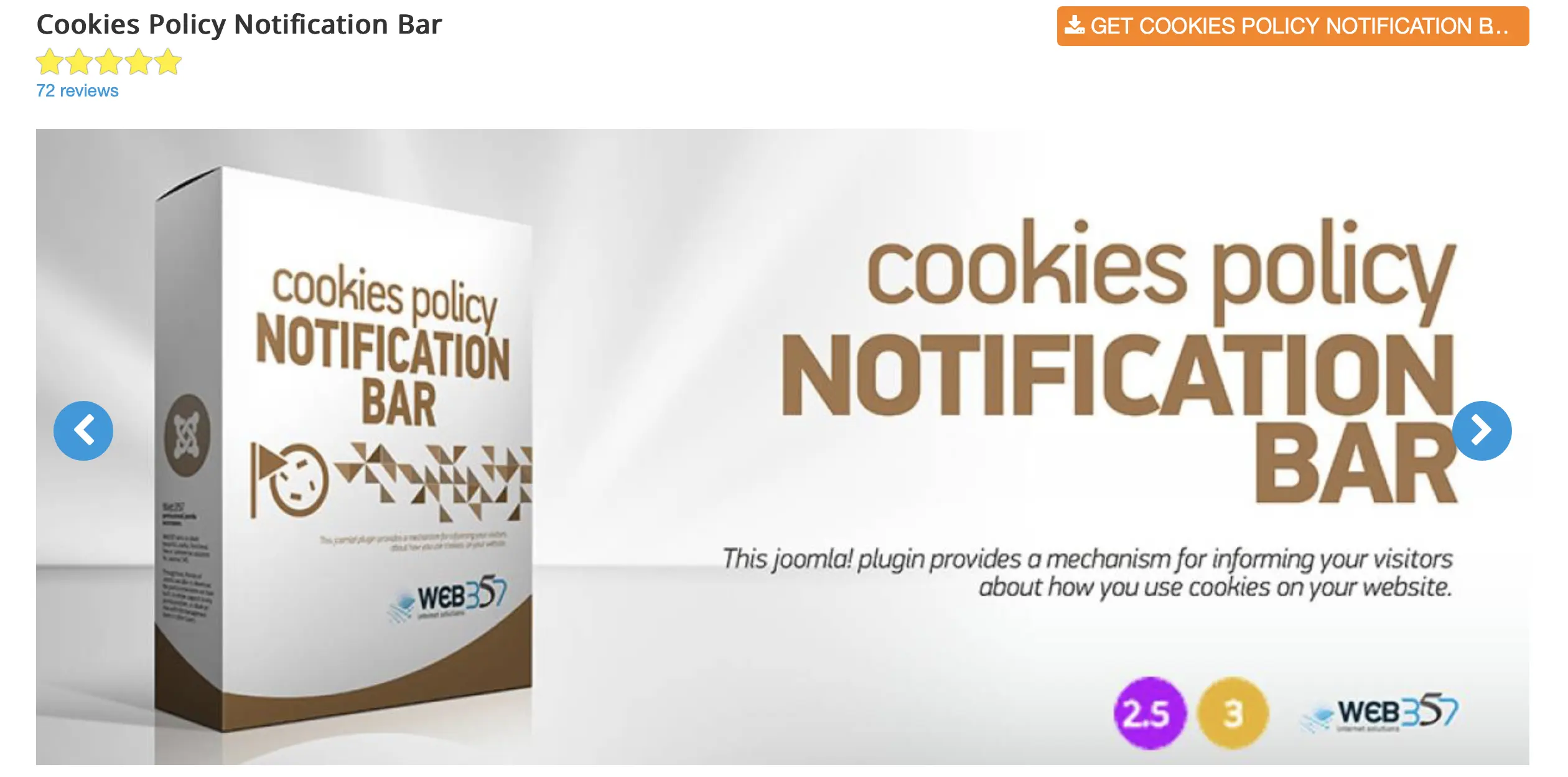 Image: Capture d’écran du site Web du plugin Joomla Cookies Policy Notification Bar