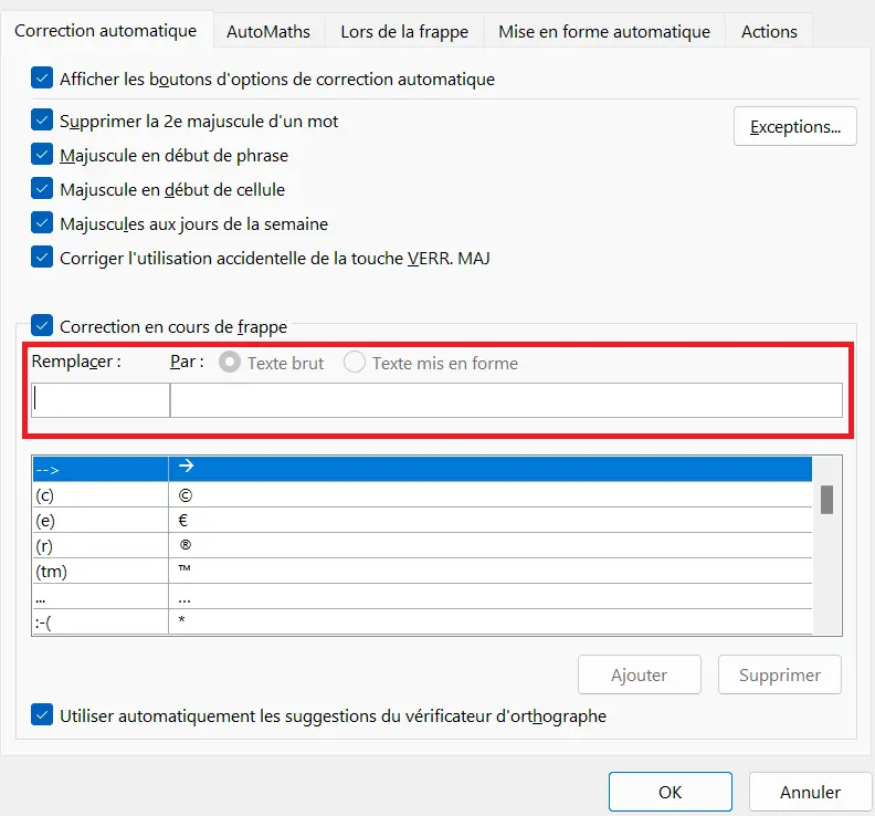 Image: Outlook pour Windows : options de correction automatique