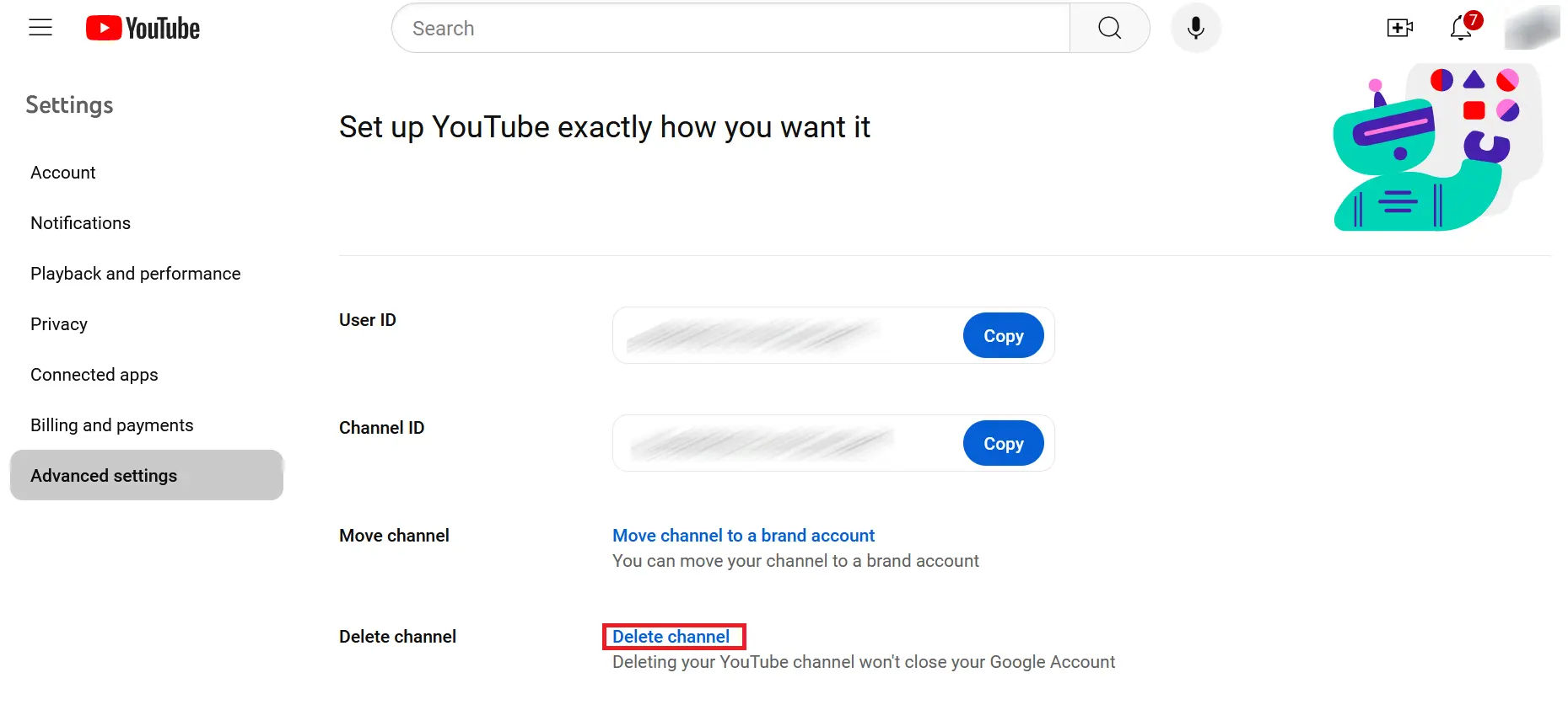 Image: Option « Supprimer la chaîne » dans les paramètres avancés de YouTube