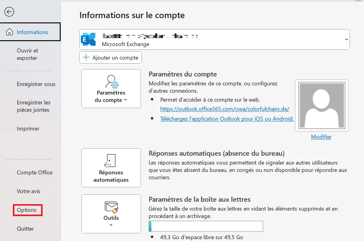Menu des paramètres d’Outlook Image: Menu des paramètres d’Outlook