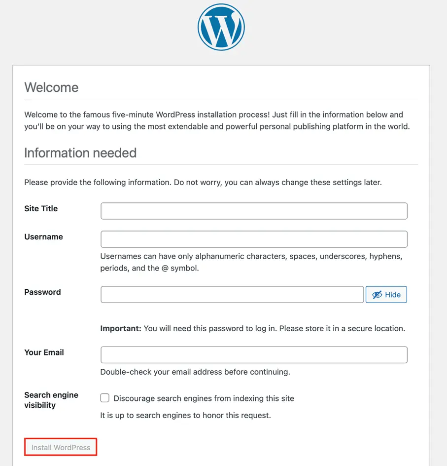 Capture d’écran de l’installation de WordPress : informations sur le site Image: Capture d’écran de l’installation de WordPress : informations sur le site