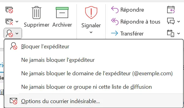Image: Options du courrier indésirable dans le ruban classique d’Outlook