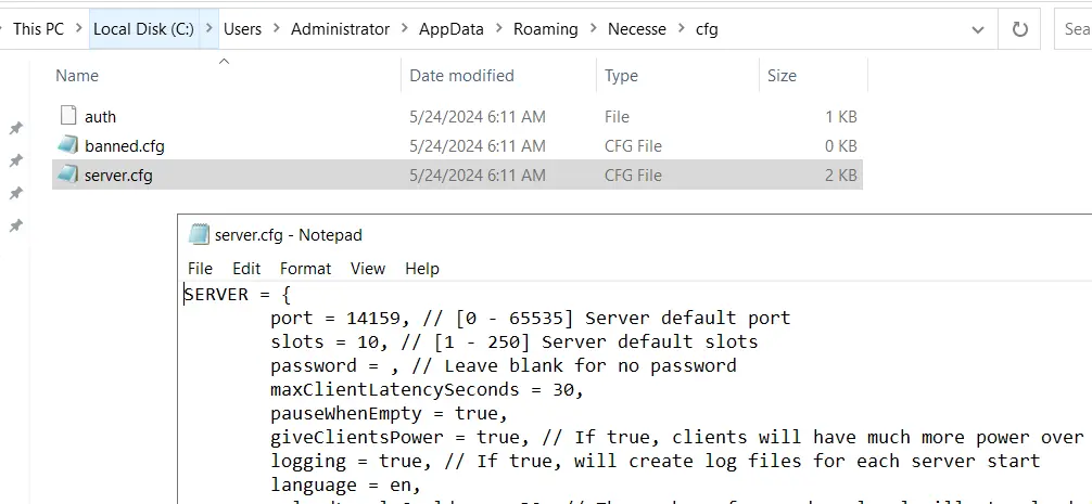 Image: Necesse server : fichier de configuration ouvert
