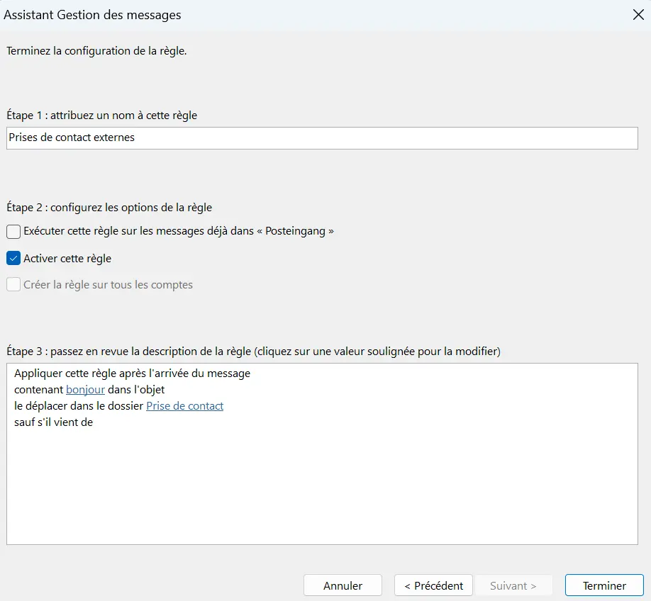 Image: Assistant de règles Outlook : désignation et options de règles