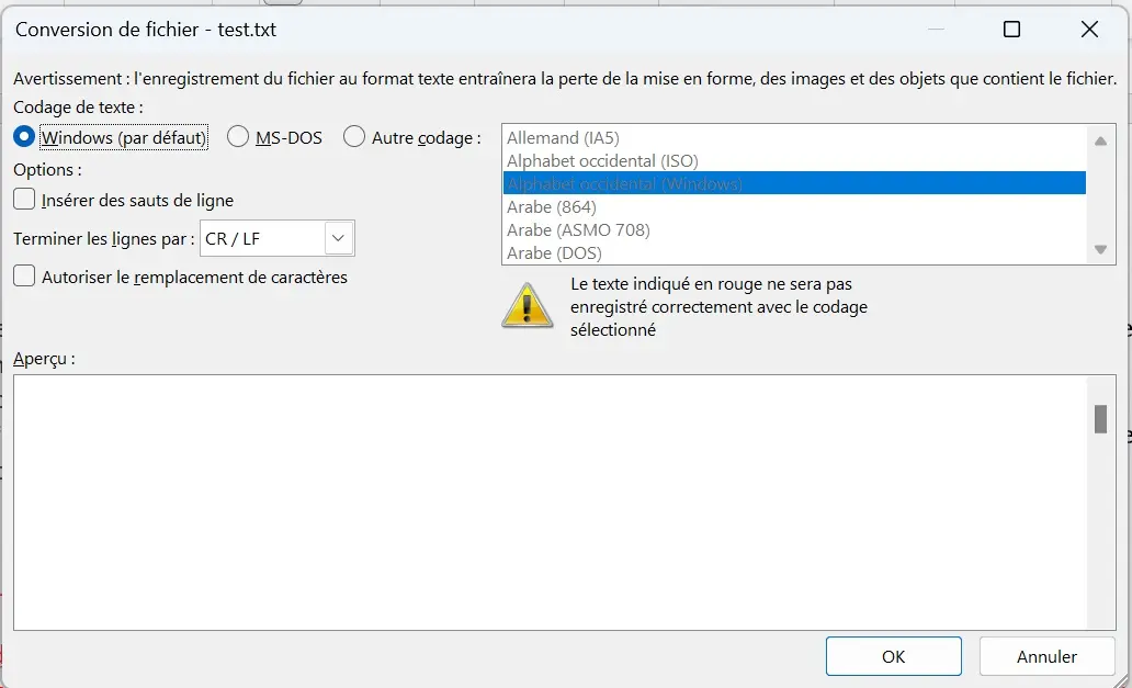 Fenêtre de conversion de fichier au format UTF-8 Image: Fenêtre de conversion de fichier au format UTF-8
