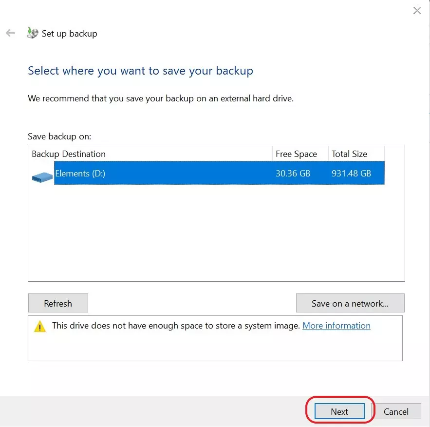 Image: Sélectionnez l’emplacement-cible pour votre backup Windows 10