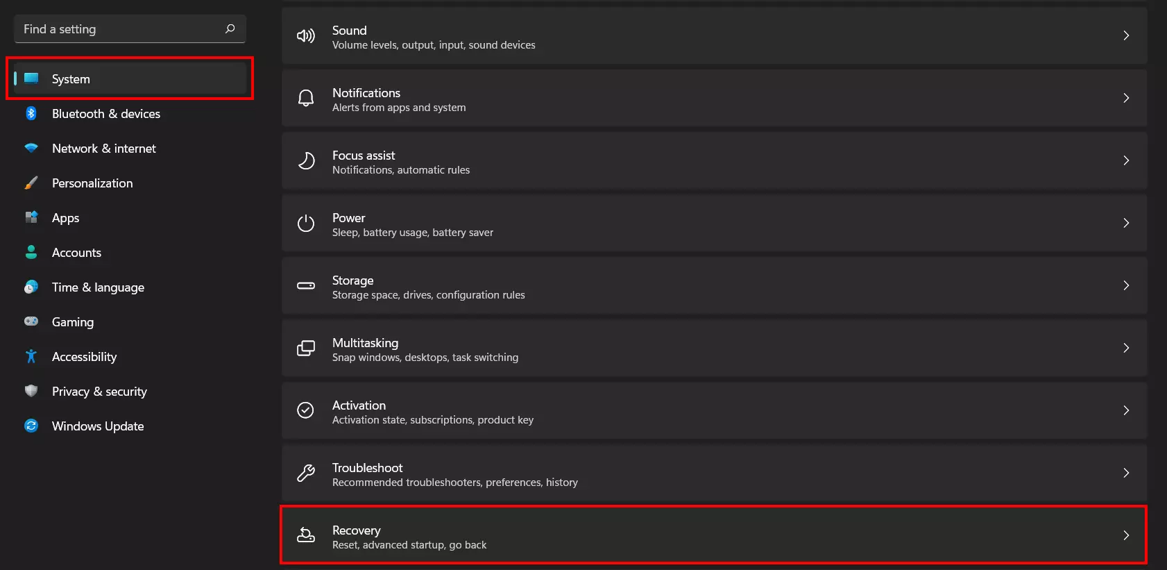 Image: Élément de menu « Récupération » dans les paramètres de Windows 11