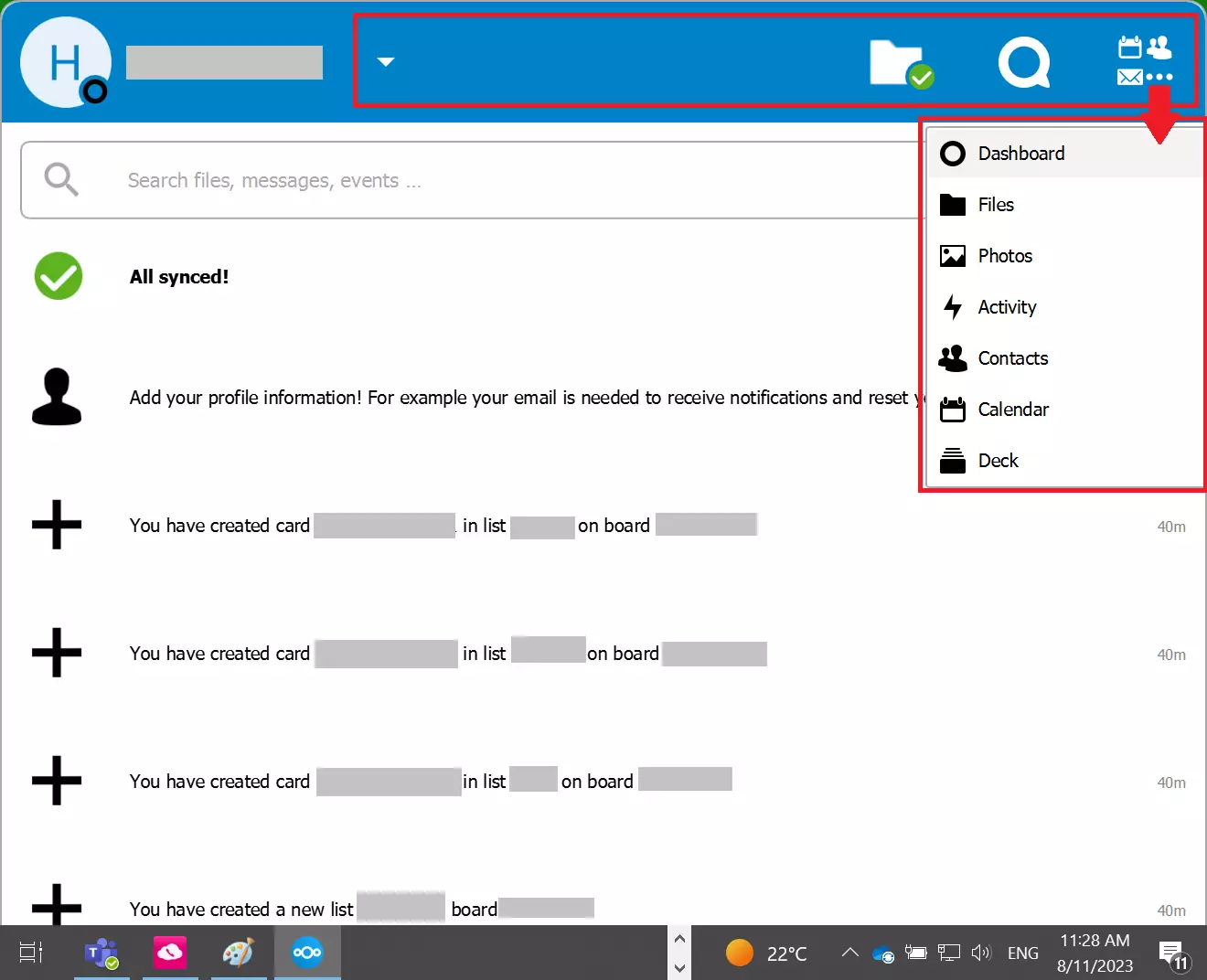 Application du client Nextcloud Desktop avec la barre de navigation Application du client Nextcloud Desktop avec la barre de navigation