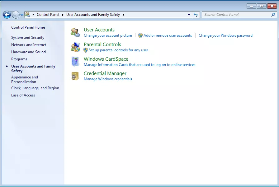 Image: Menu Windows 7 « Comptes et protection des utilisateurs »