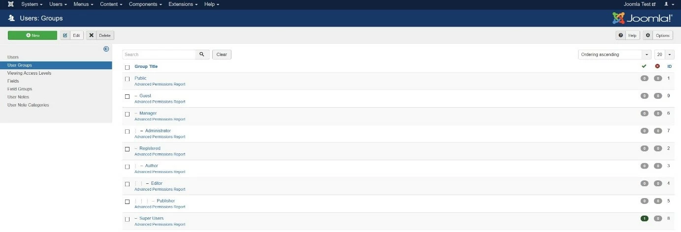 Image: Groupes d’utilisateurs prédéfinis de Joomla